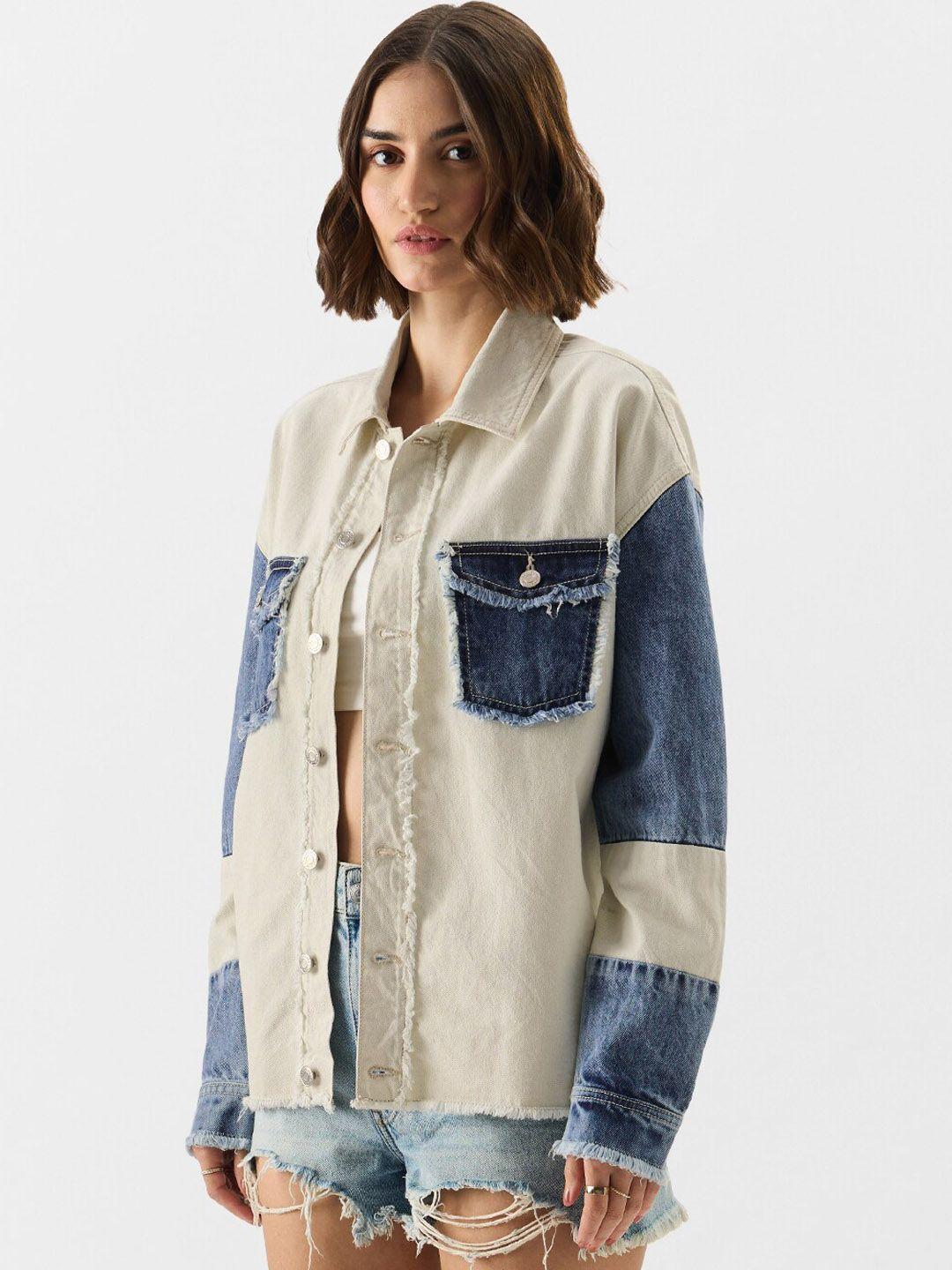the souled store white & blue colourblocked pure cotton denim jacket