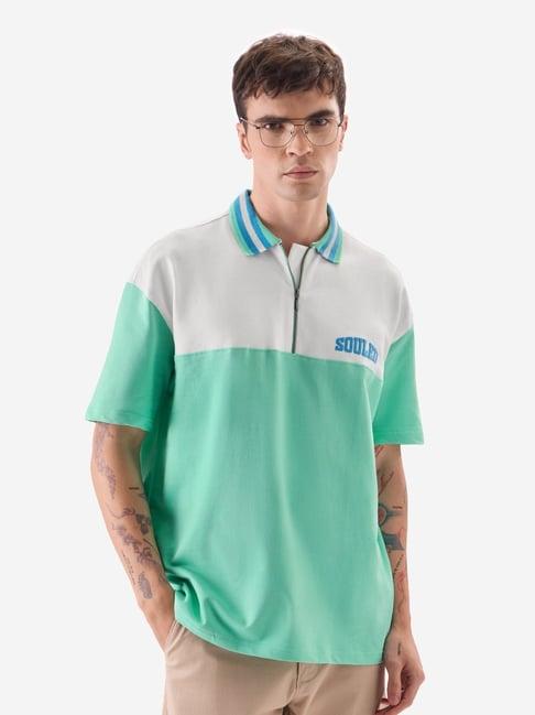 the souled store white & green loose fit colour block polo t-shirt