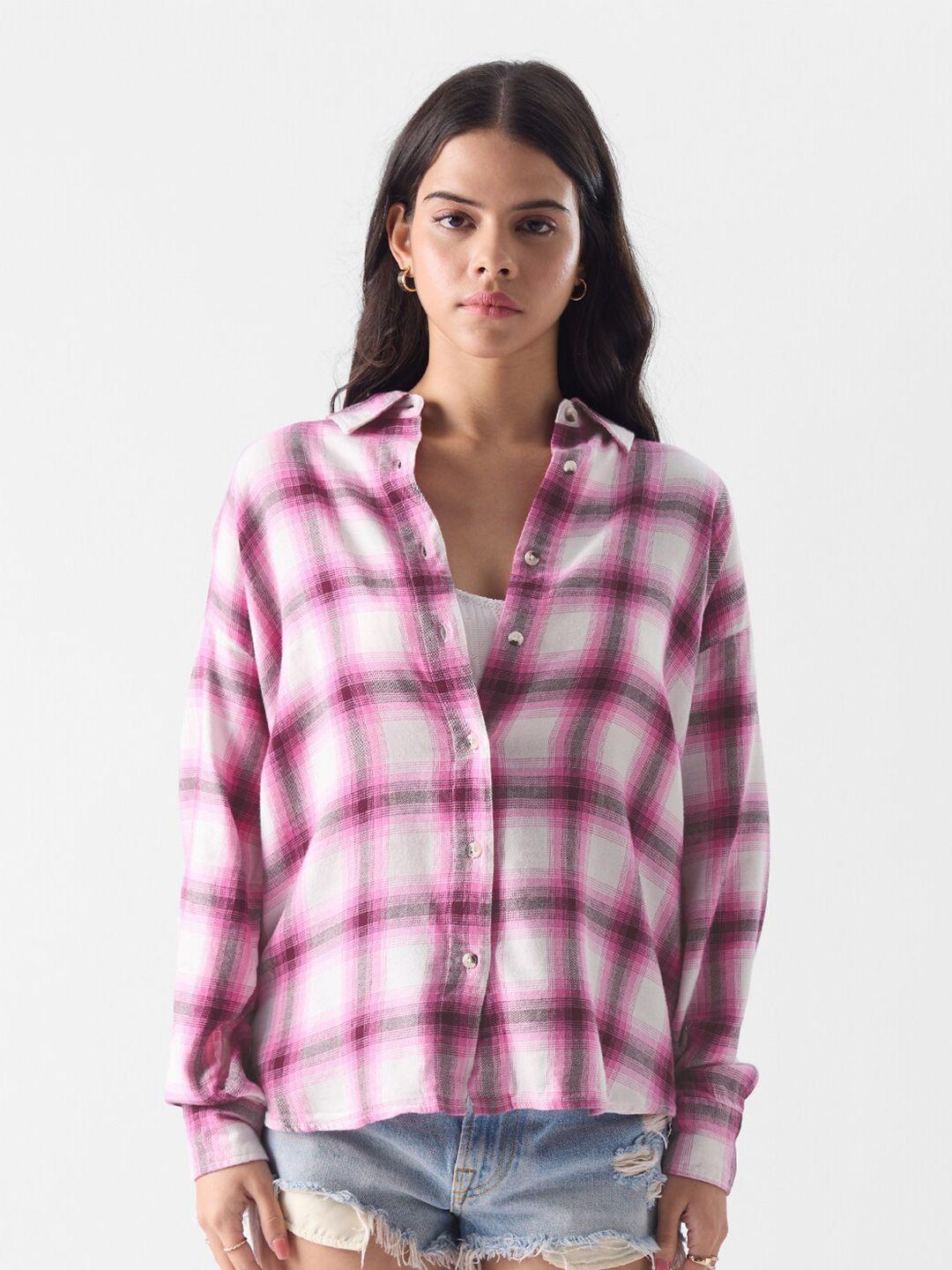 the souled store white & pink relaxed checked pure cotton oversized casual shirt