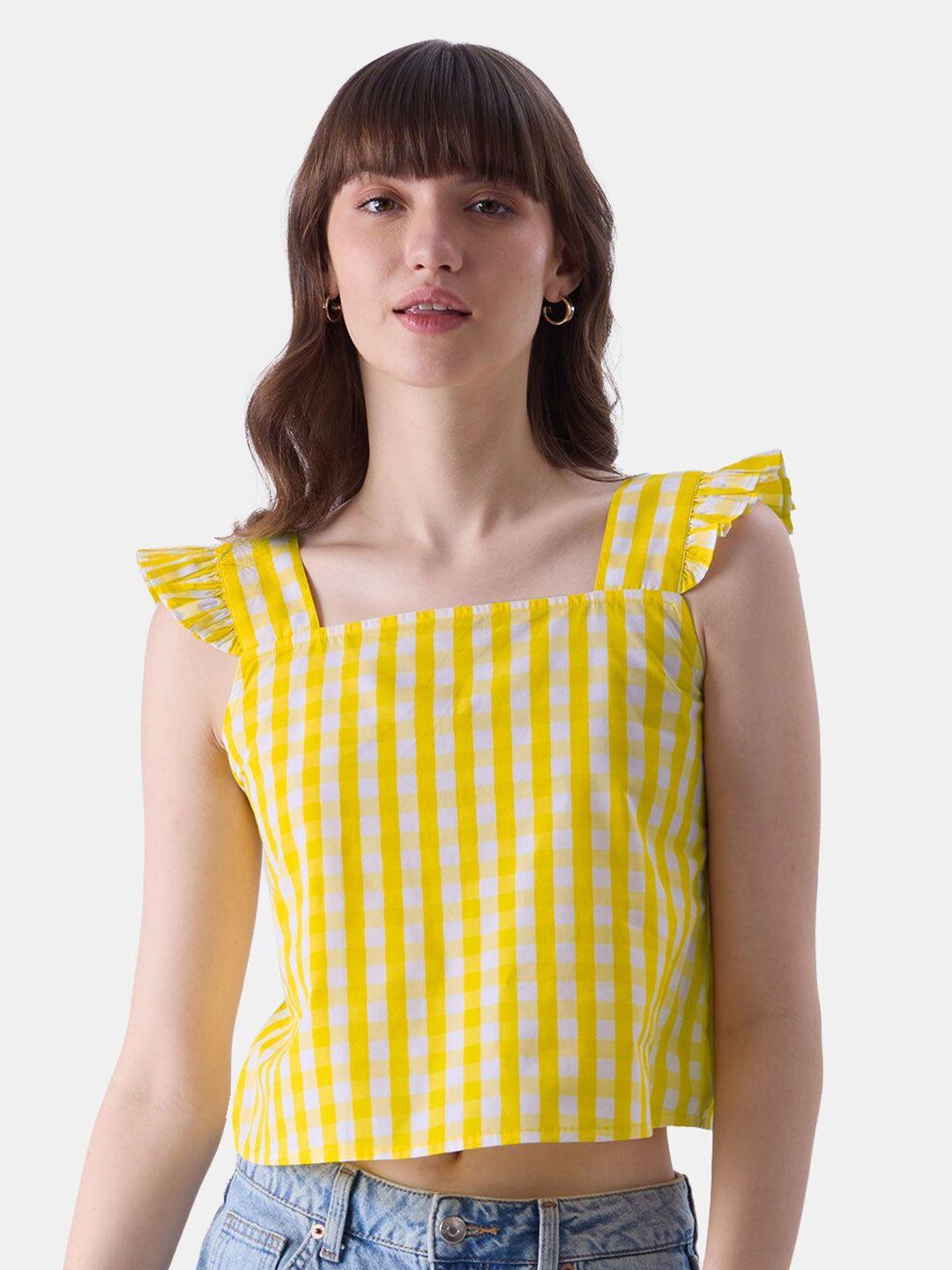 the souled store white & yellow checked cap sleeve pure cotton crop top