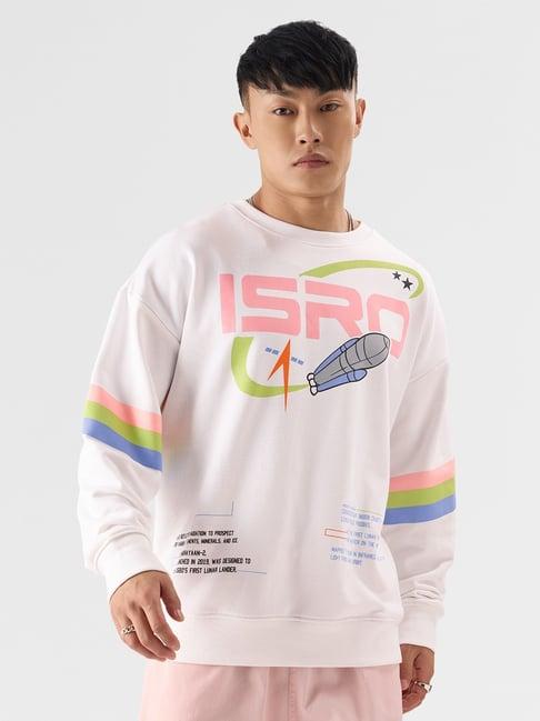 the souled store white cotton loose fit isro : to the moon printed sweatshirts