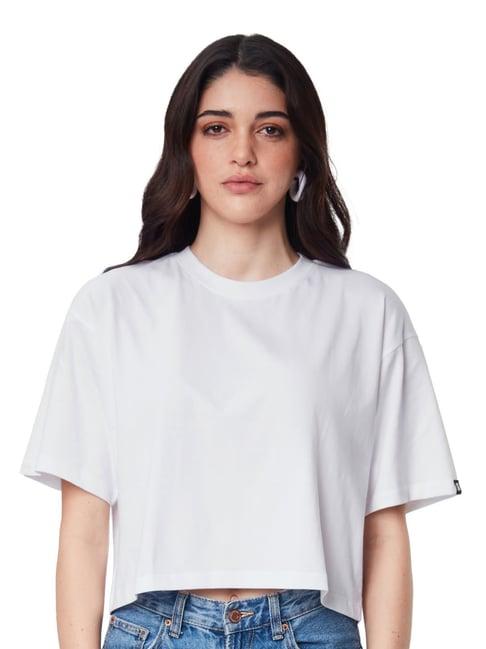 the souled store white cotton relaxed fit crop t-shirt