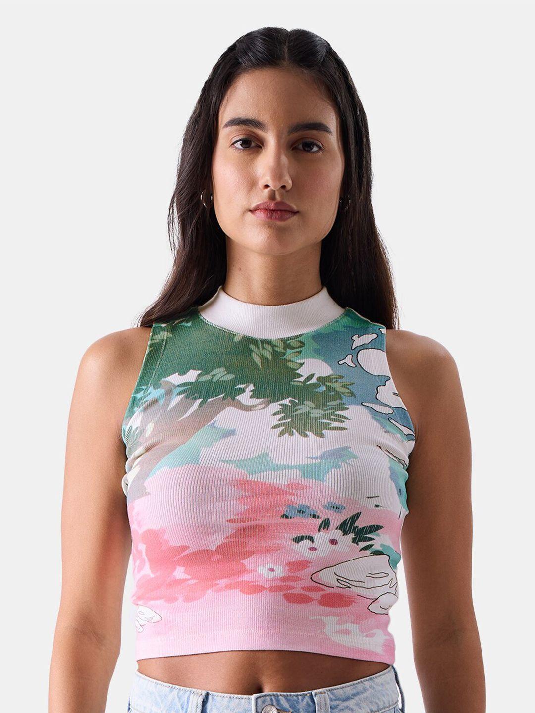 the souled store white floral printed crop fitted top