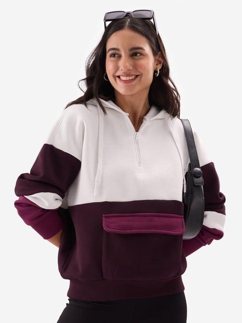 the souled store wine & white cotton color-block oversized hoodie