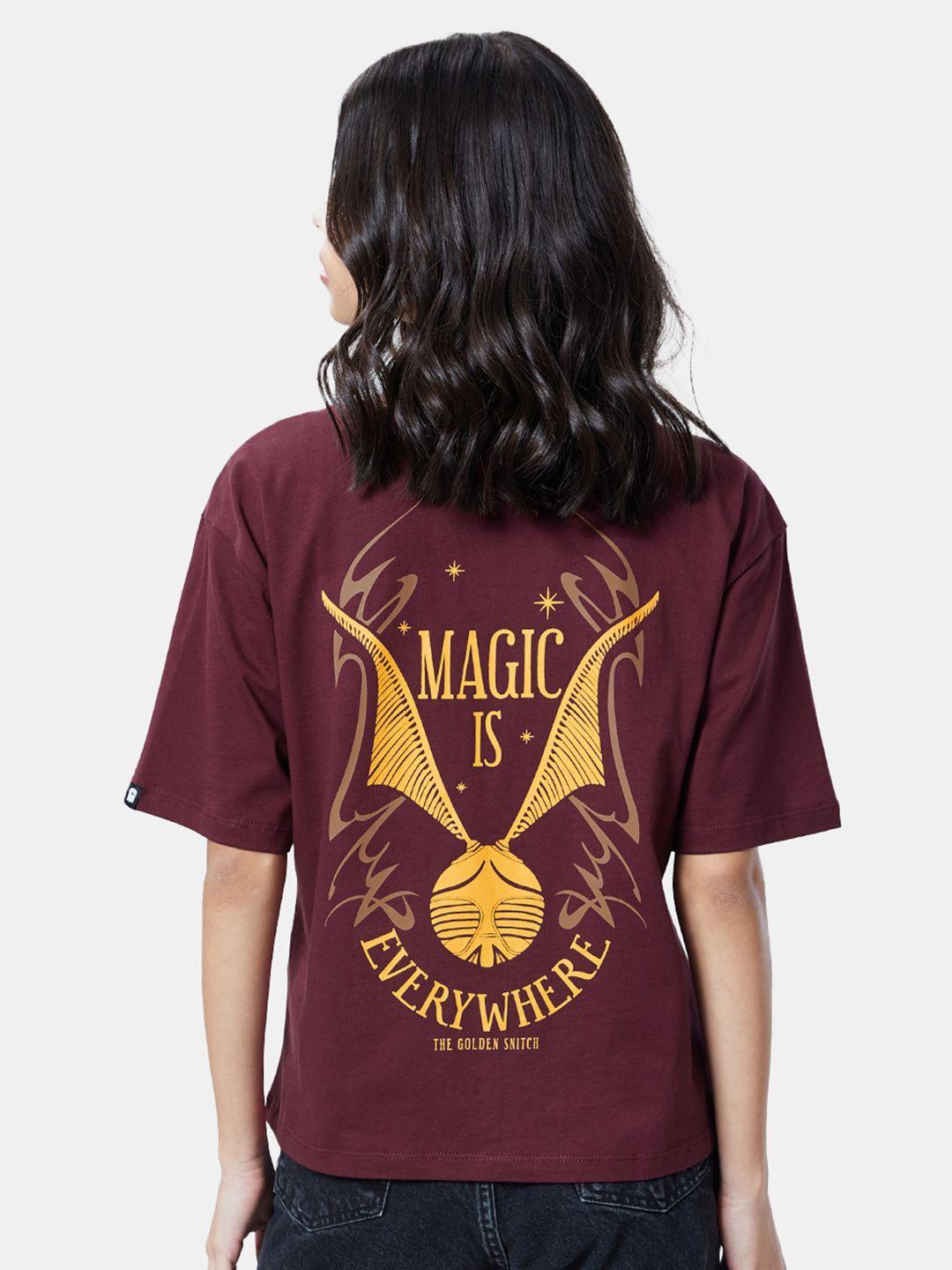 the souled store women's beautiful burgundy harry potter oversized t-shirt