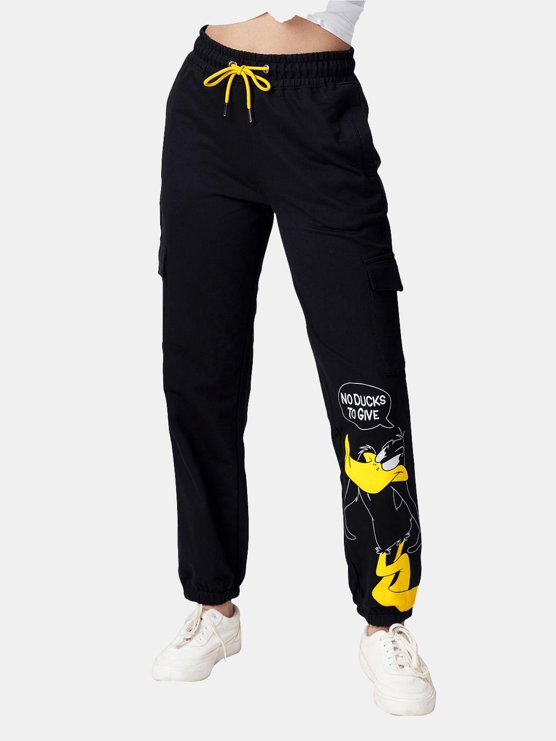 the souled store women black & yellow looney tunes daffy duck printed joggers