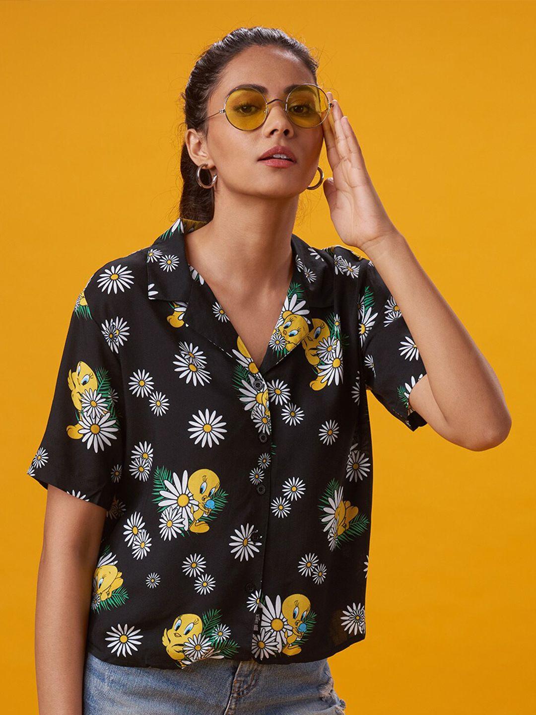 the souled store women black comfort tweety floral printed cotton casual shirt