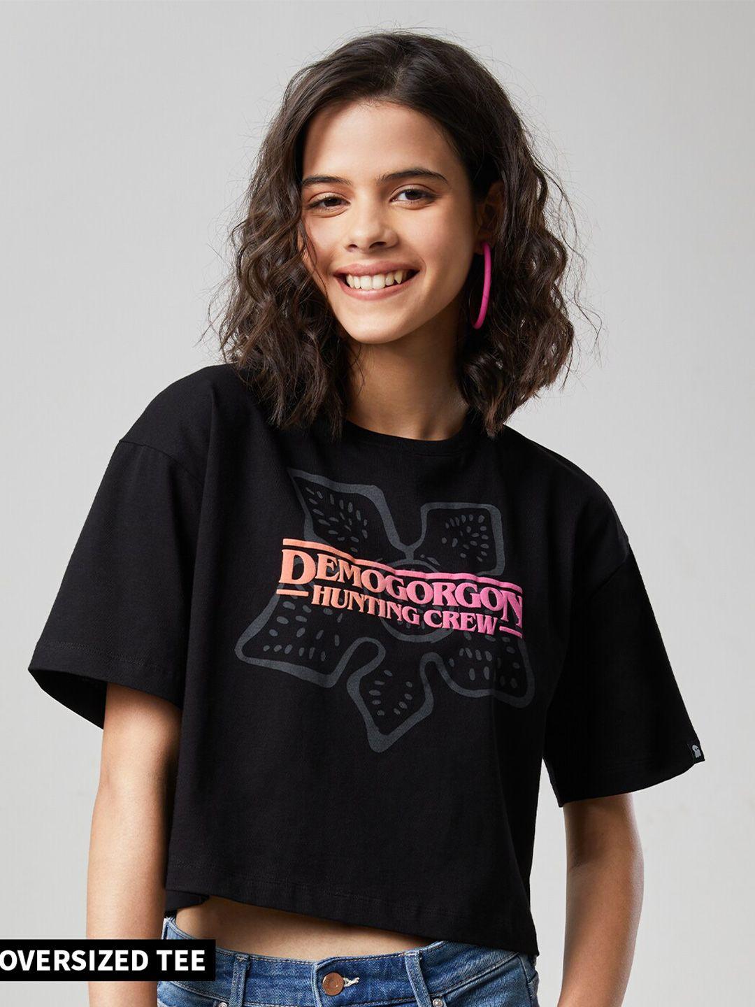 the souled store women black stranger things drop-shoulder sleeves oversized t-shirt