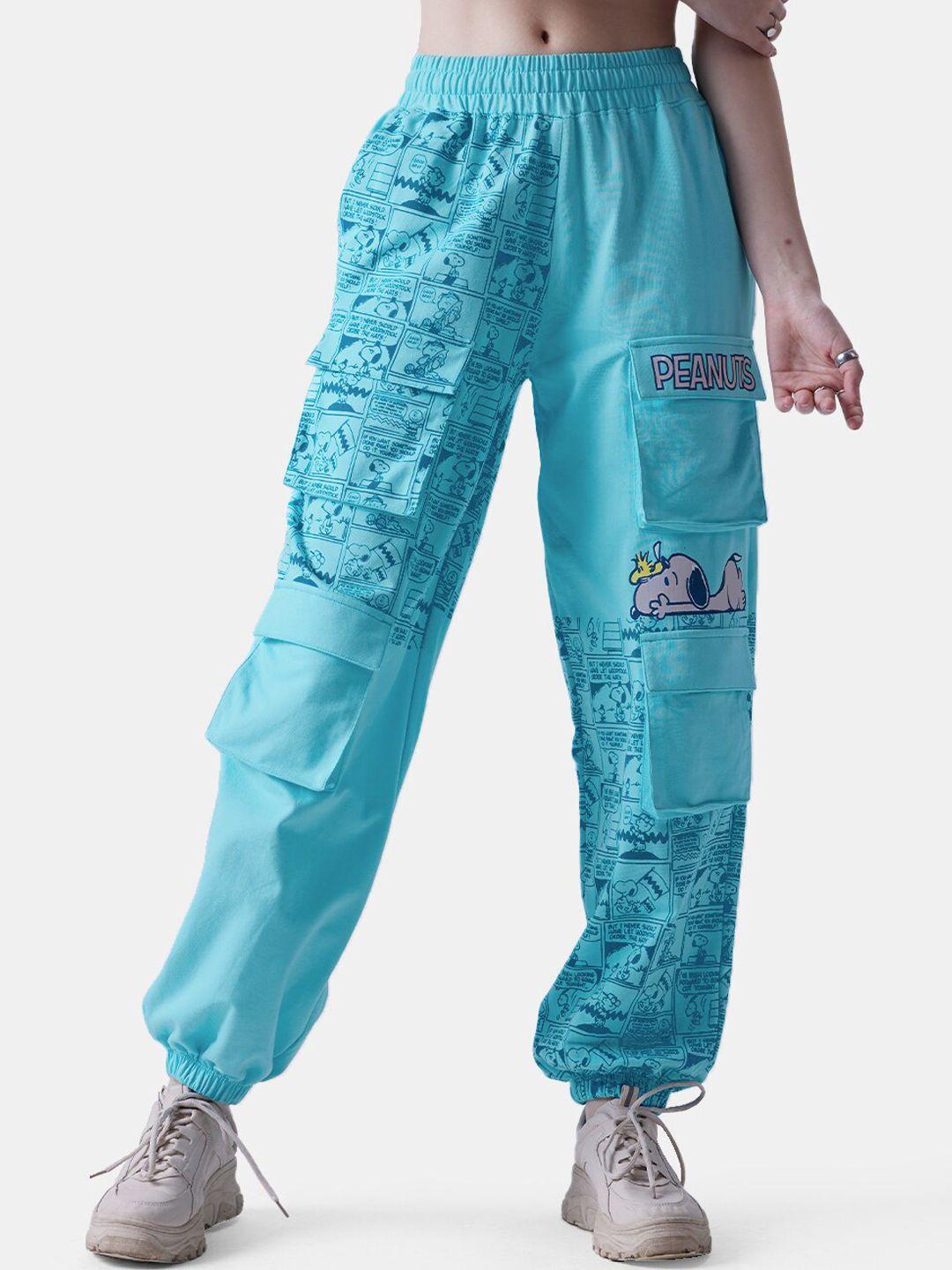 the souled store women blue & black peanuts printed relaxed fit cotton joggers