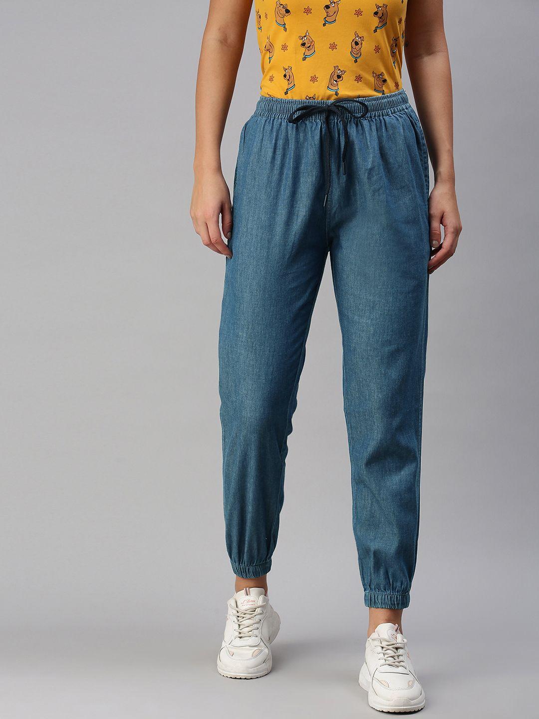 the souled store women blue cotton denim joggers