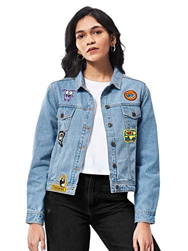 the souled store women cartoon networkstuck in 90's blue printed denim jackets (x-small)