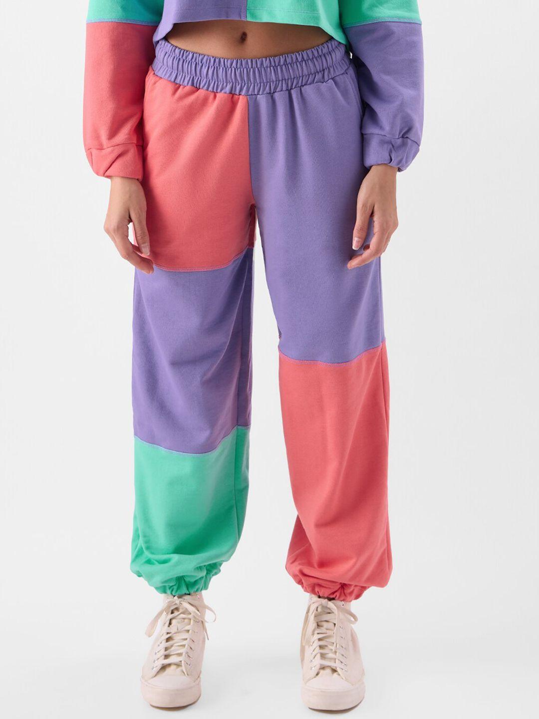 the souled store women colorblocked pure cotton mid-rise joggers