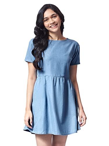 the souled store women denim: ice blue solid gathered dresses