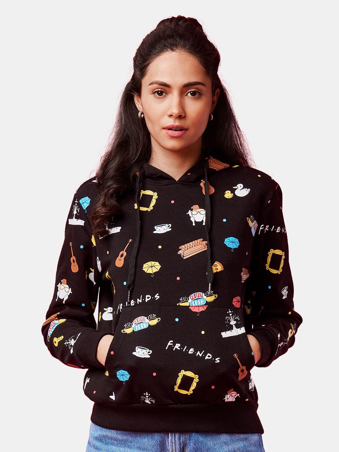 the souled store women f.r.i.e.n.d.s: pattern black & orange printed pullover