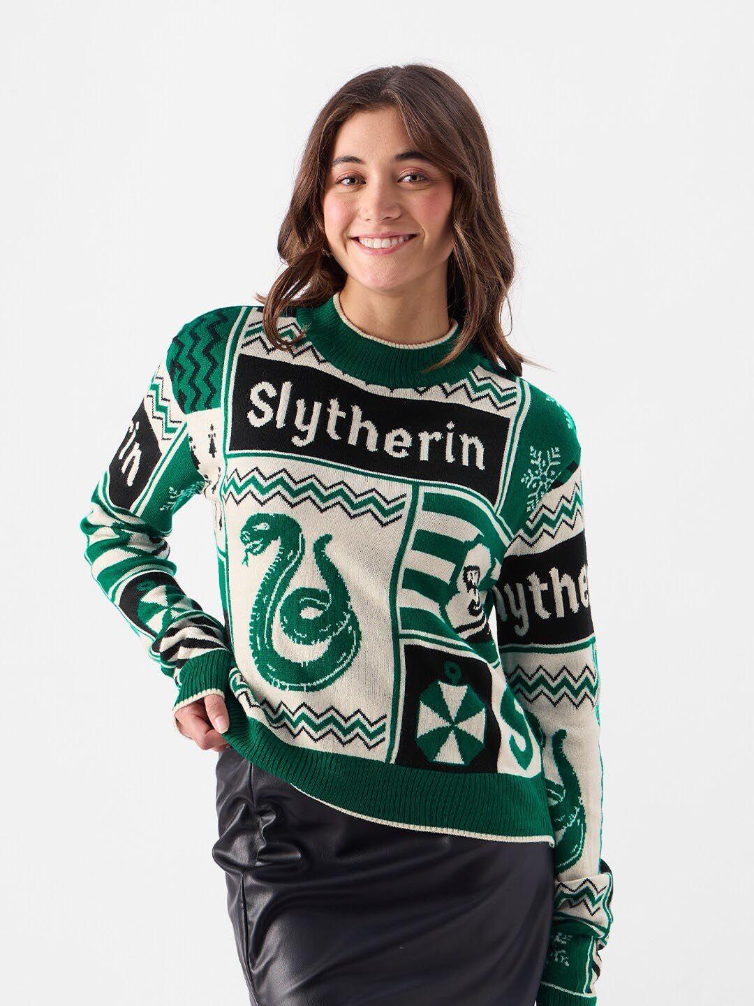 the souled store women green & white embroidered printed pullover