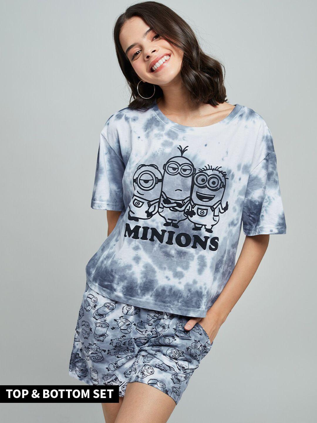 the souled store women grey tie-dye minions printed pure cotton co-ords