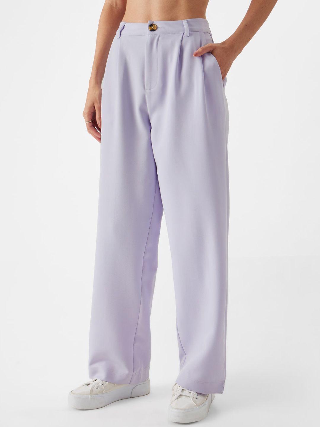 the souled store women mid-rise plain pleated cotton regular trousers