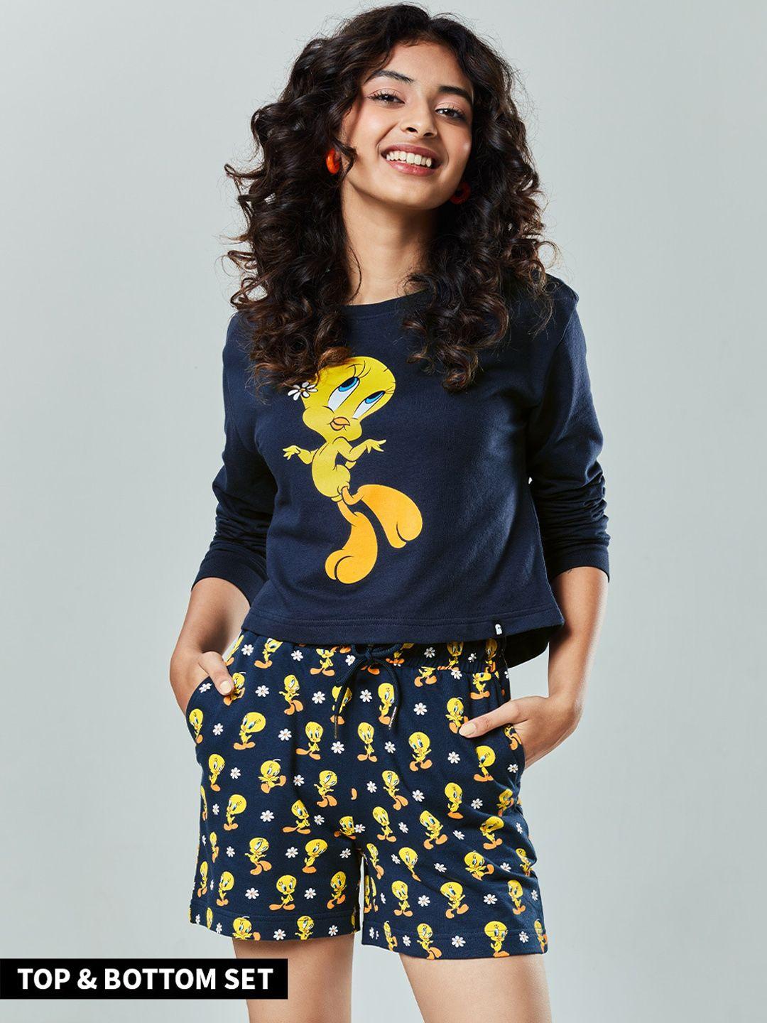 the souled store women navy blue & yellow tweety printed t-shirt & shorts set