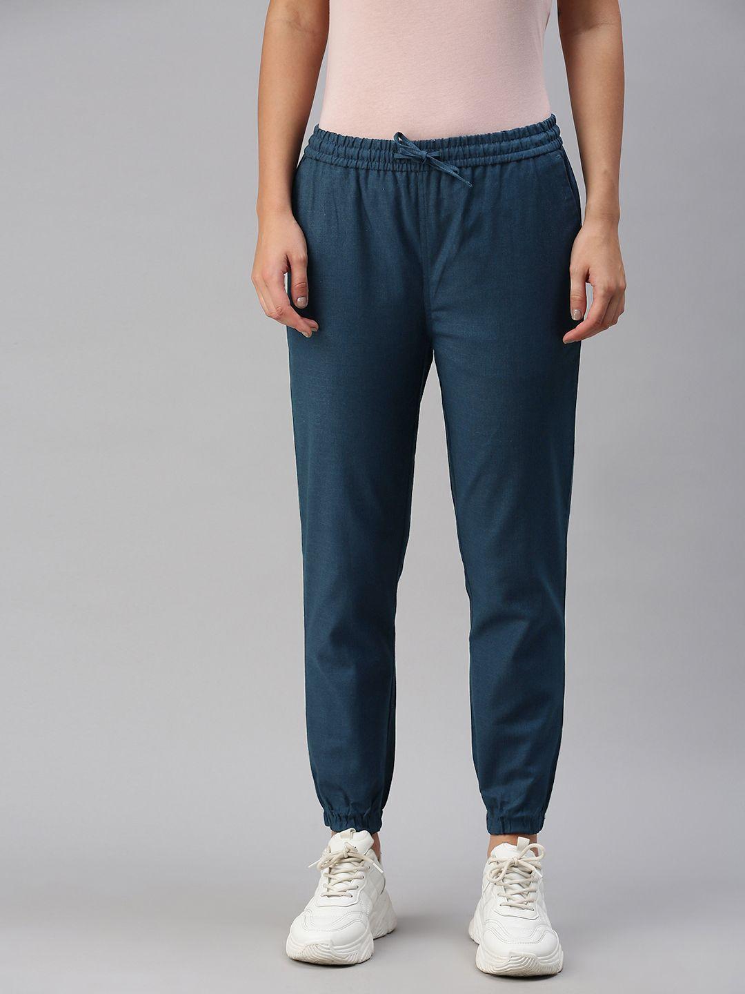 the souled store women navy blue cotton woven joggers