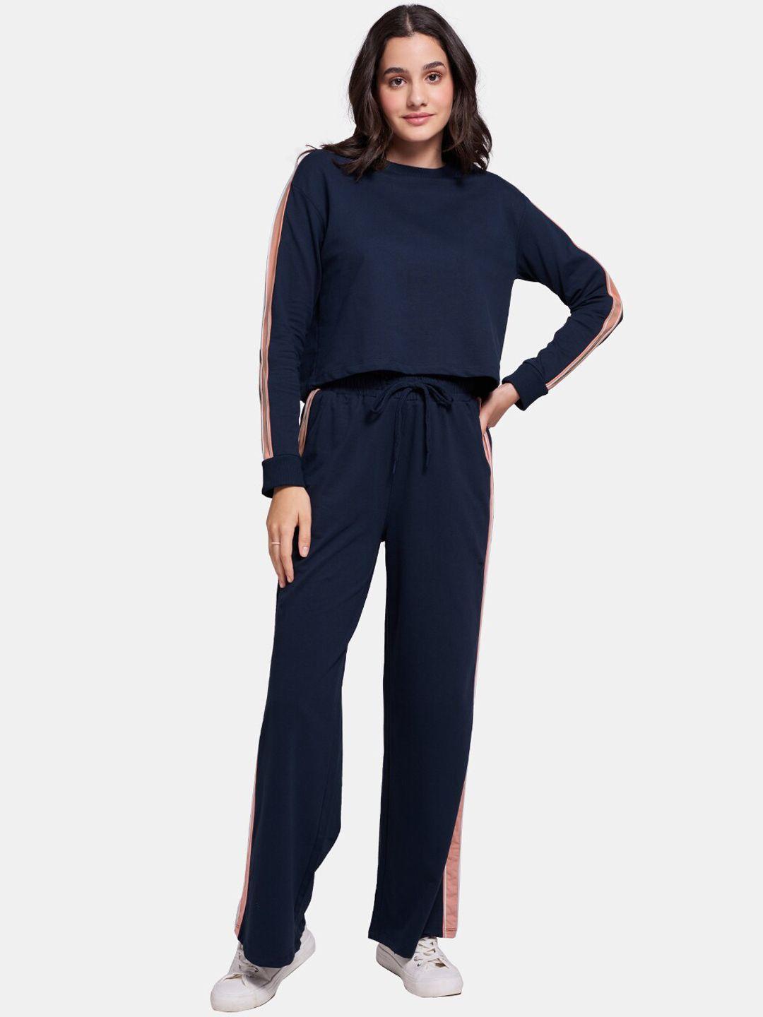 the souled store women navy blue solid cotton top & joggers