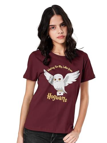 the souled store women official harry potter: hedwig special burgundy printed t-shirt for women round neck half sleeve printed breathable cotton stylish dry fit tshirts casual branded