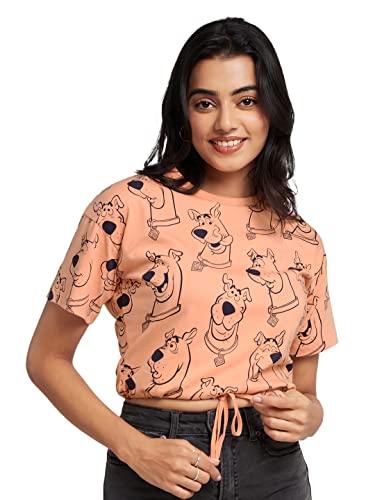 the souled store women official scooby doo: smug scooby pink printed tie-up t-shirts t shirt for women round neck half sleeve printed breathable cotton stylish dry fit tshirts casual branded