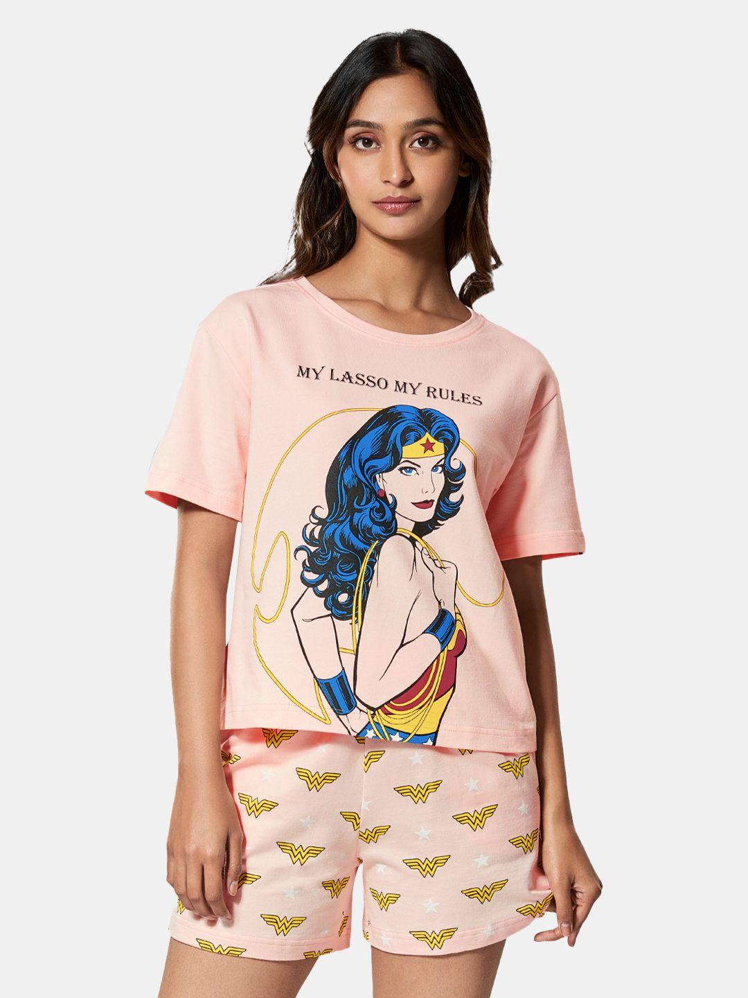 the souled store women peach-coloured wonder woman printed co-ord set