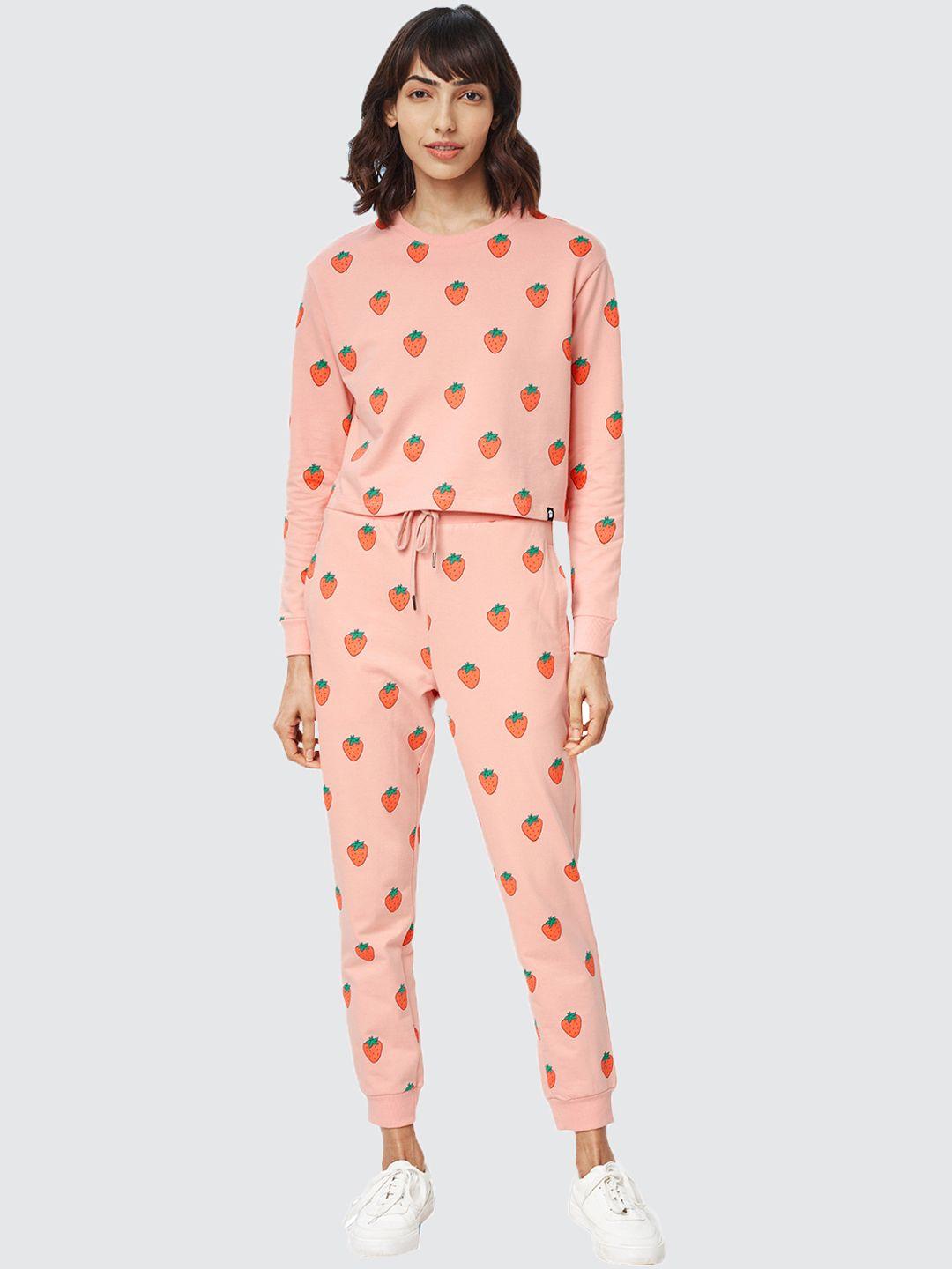 the souled store women pink & orange strawberry printed co-ords