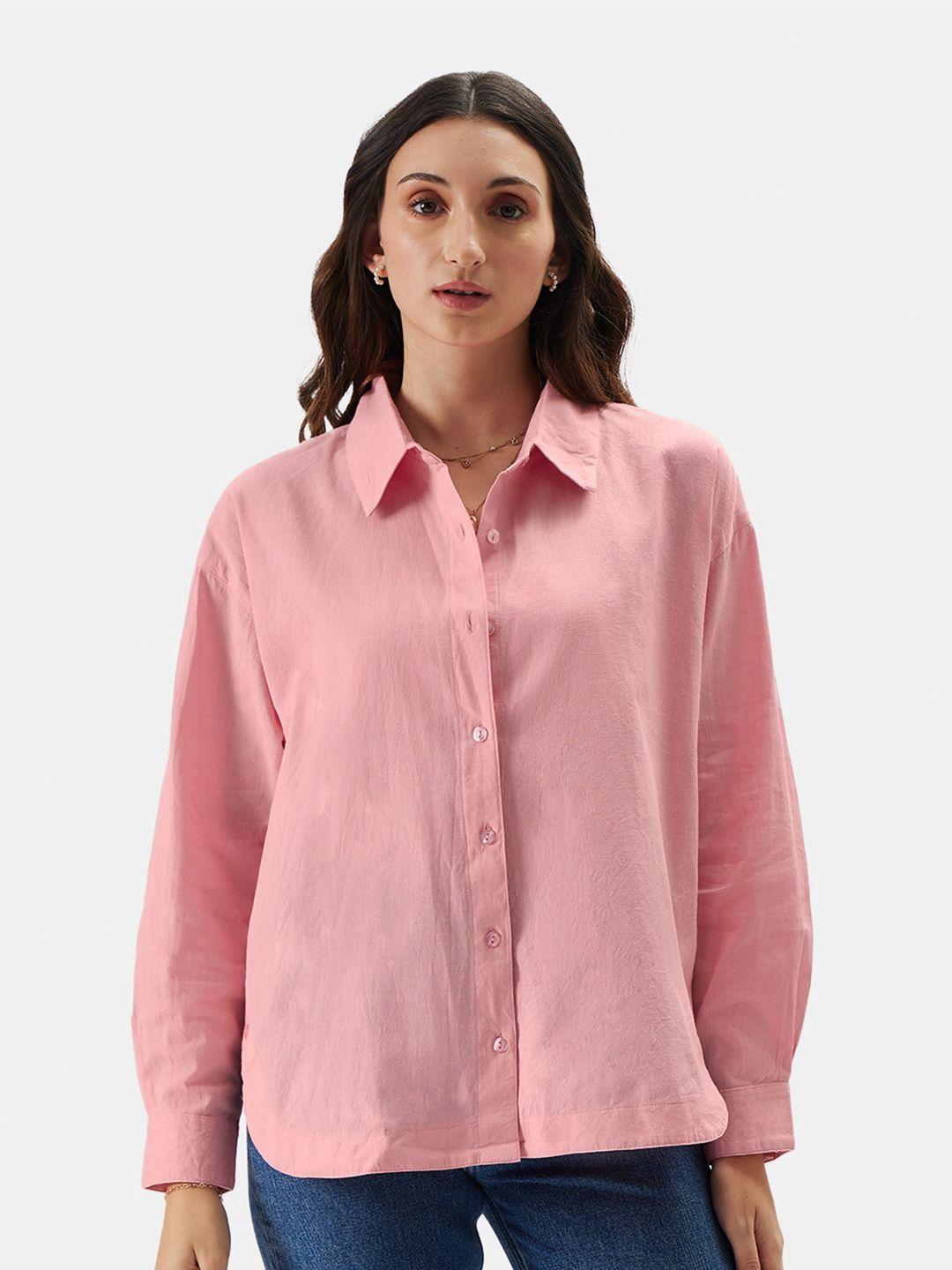 the souled store women pink relaxed cotton linen casual shirt