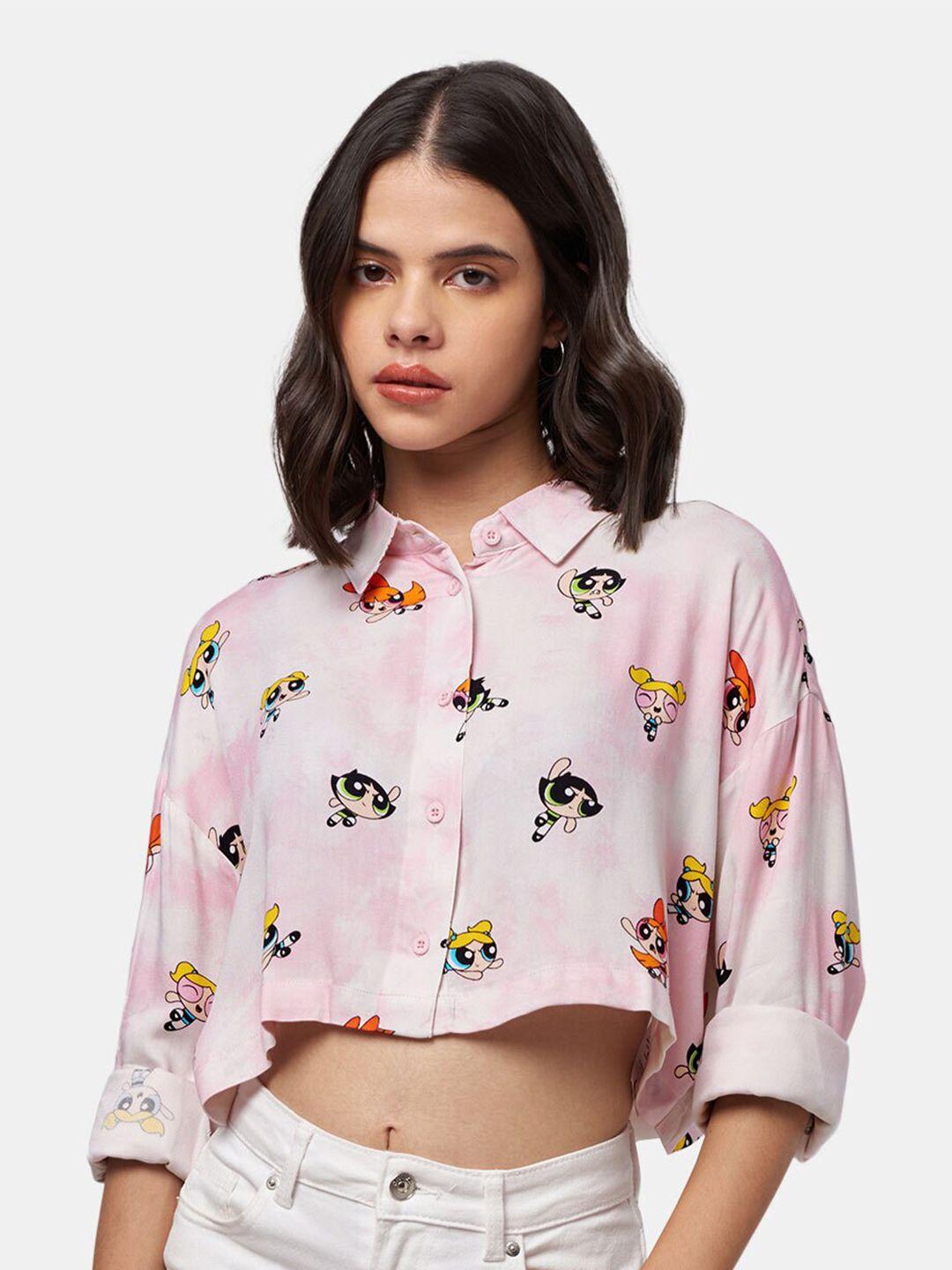the souled store women pink semi sheer printed casual shirt