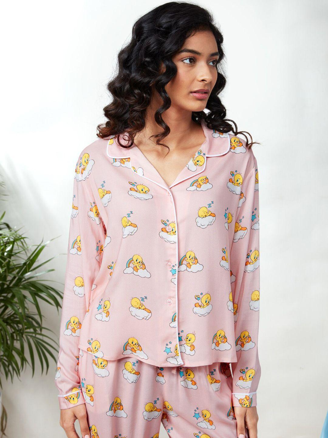 the souled store women purple & yellow looney tunes printed night suit