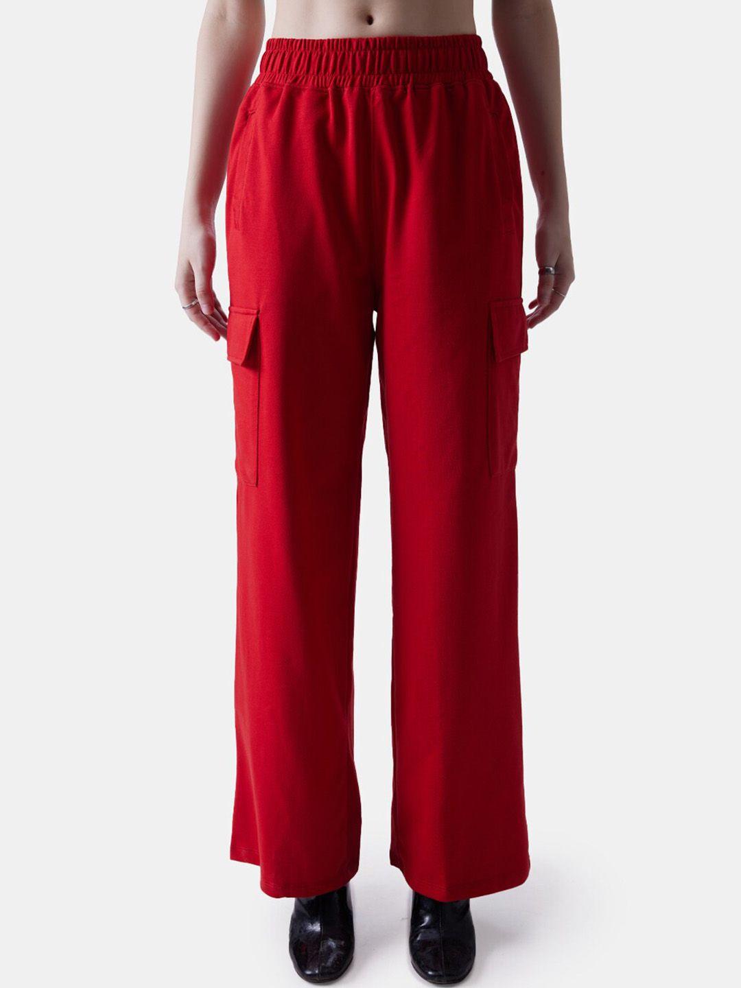 the souled store women red loose fit pure cotton parallel trousers