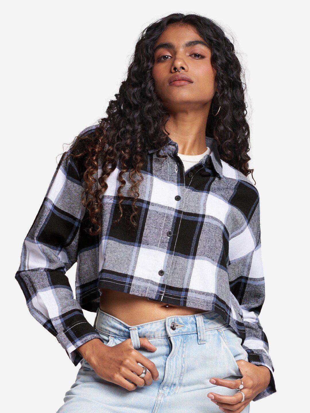 the souled store women regular fit windowpane checked crop casual shirt