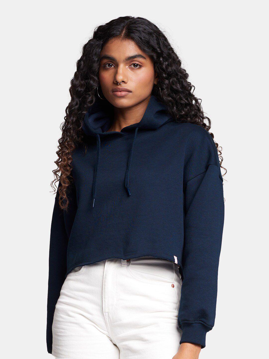 the souled store women solid oversized crop hooded sweatshirt