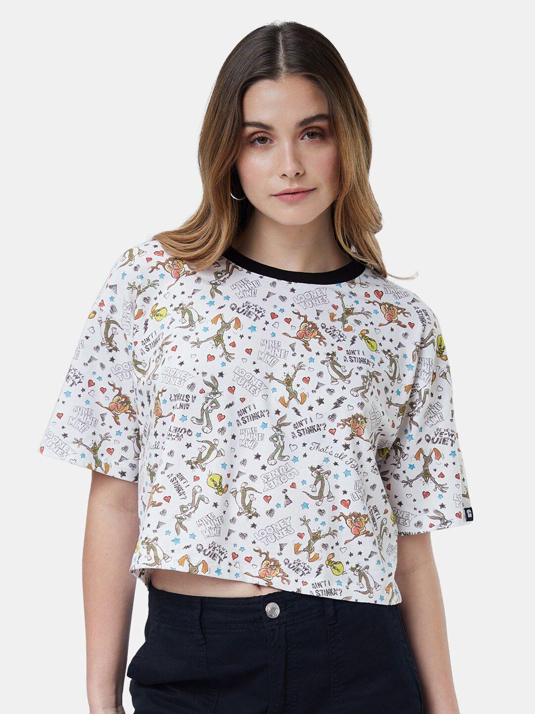 the souled store women white cotton floral printed loose t-shirt