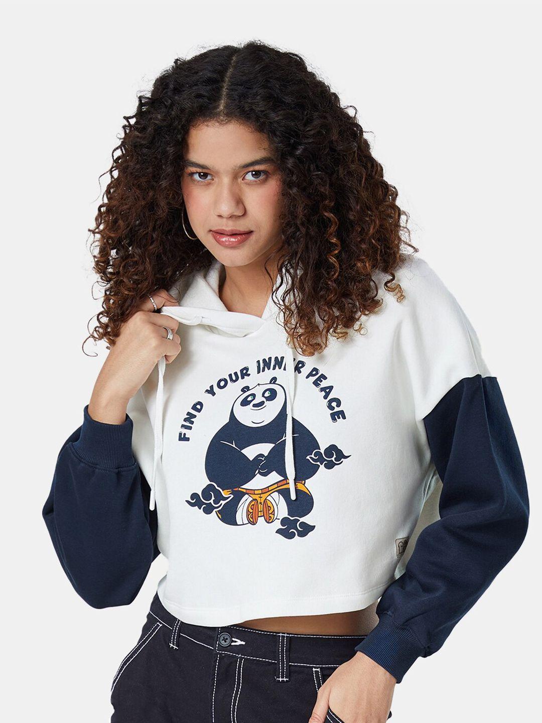 the souled store women white kung fu panda po & peace printed hooded oversized sweatshirt