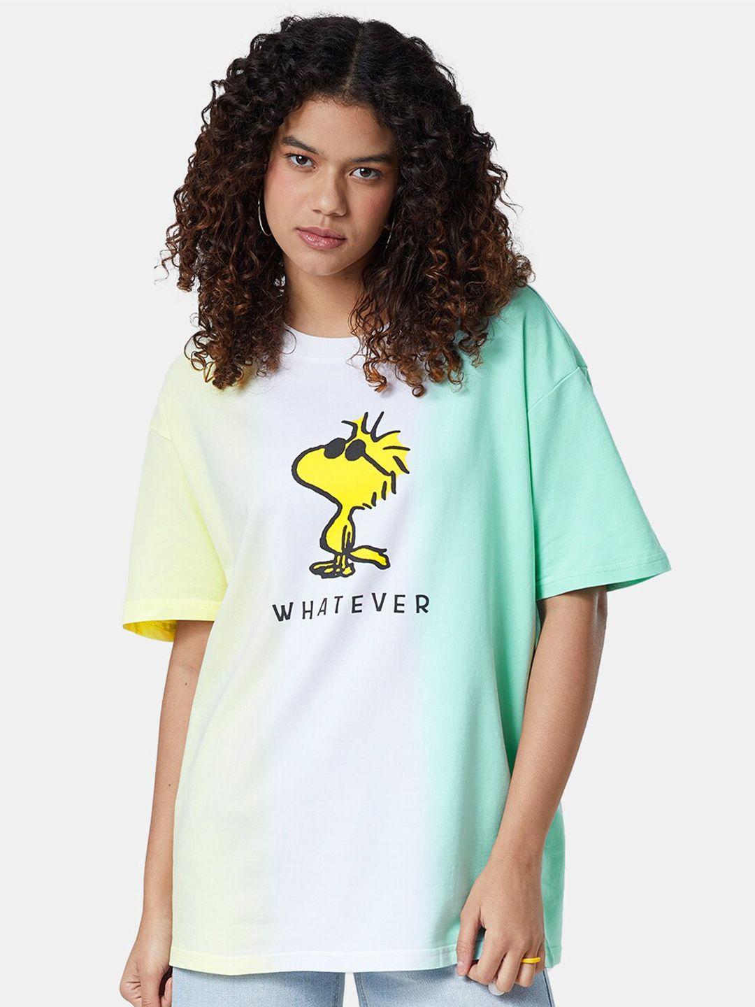 the souled store women yellow printed drop-shoulder sleeves oversized t-shirt