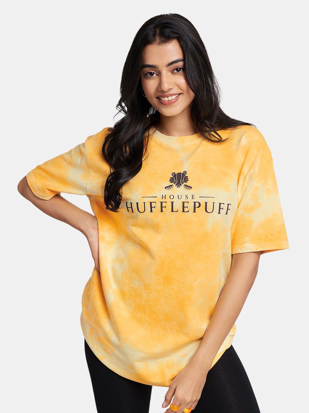 the souled store women yellow typography harry potter: house hufflepuff tie dye t-shirt