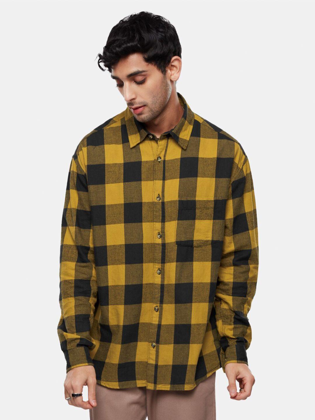 the souled store yellow & black buffalo checked relaxed cotton casual shirt