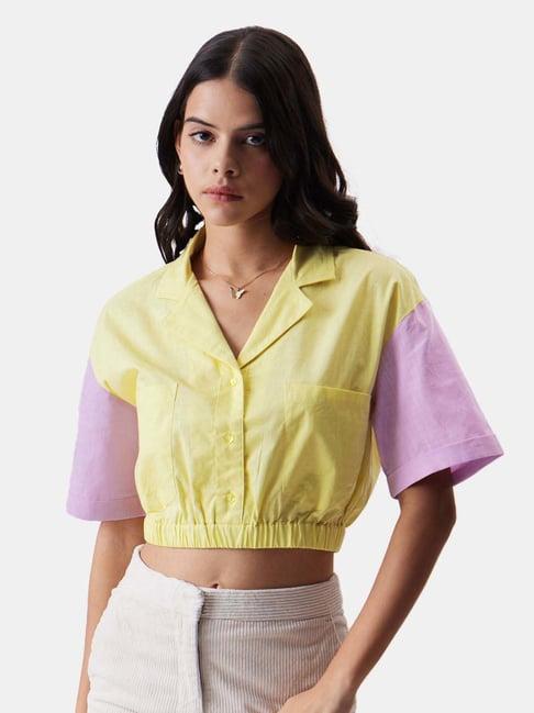 the souled store yellow & pink cotton color-block crop shirt