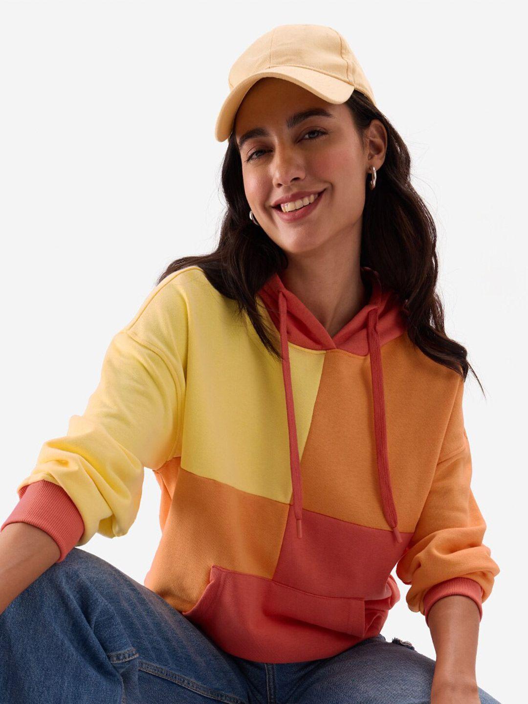 the souled store yellow & red colourblocked hooded pullover sweatshirt