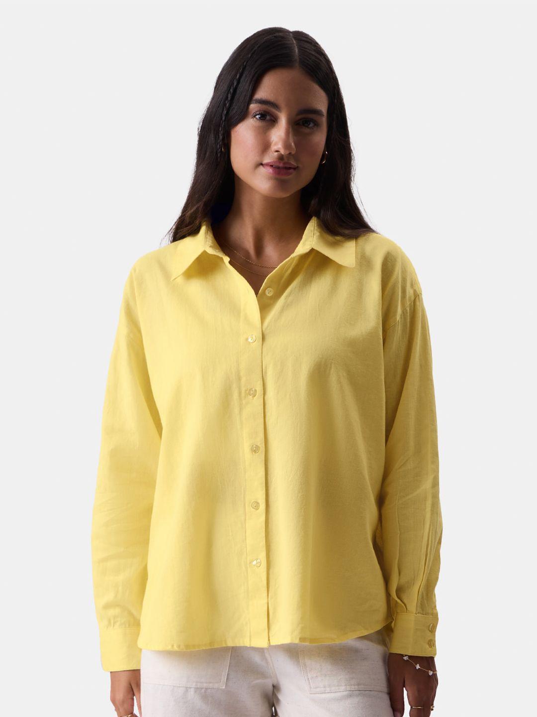 the souled store yellow relaxed oversized knitted casual linen shirt