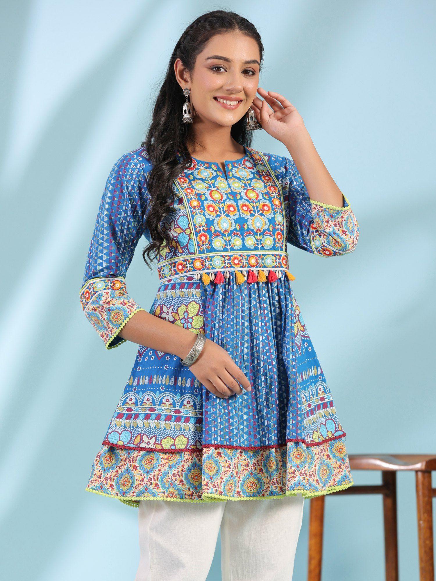 the sujani blue floral printed pure cotton tunic with thread work