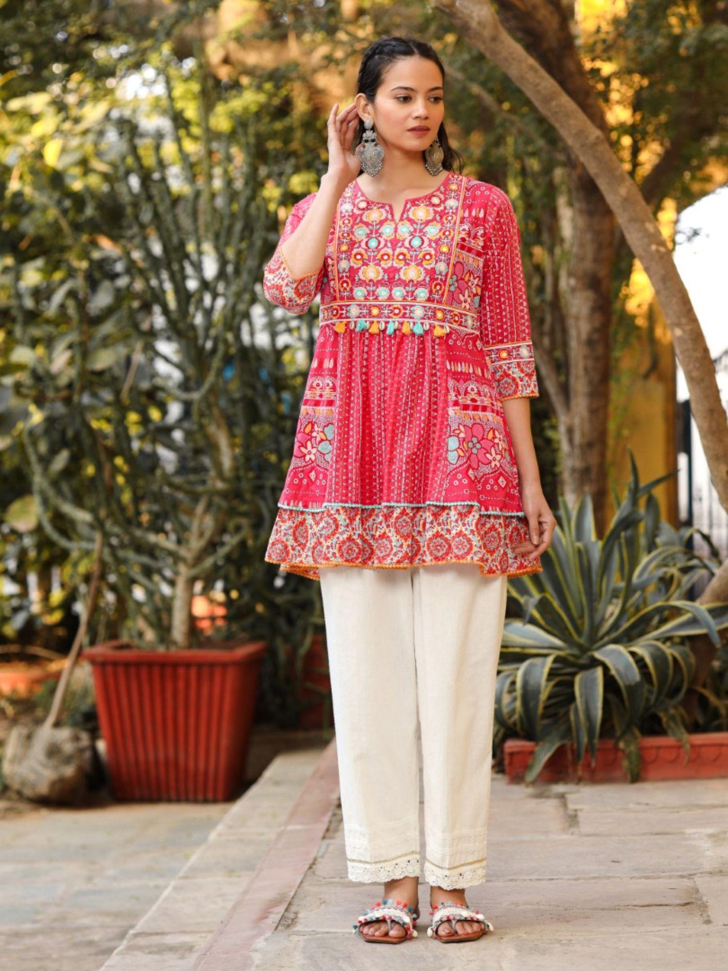 the sujani pink floral printed pure cotton tunic with thread work