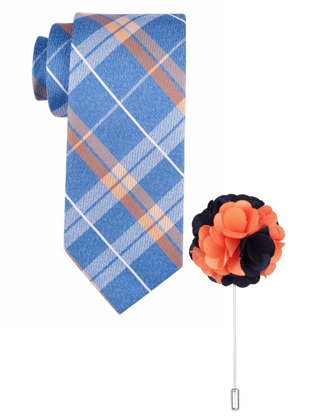 the tie hub men blue & orange checked silk broad tie and floral lapel pin