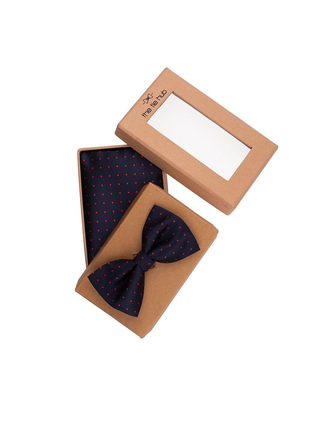 the tie hub men navy-blue & red polka dots printed accessory gift set
