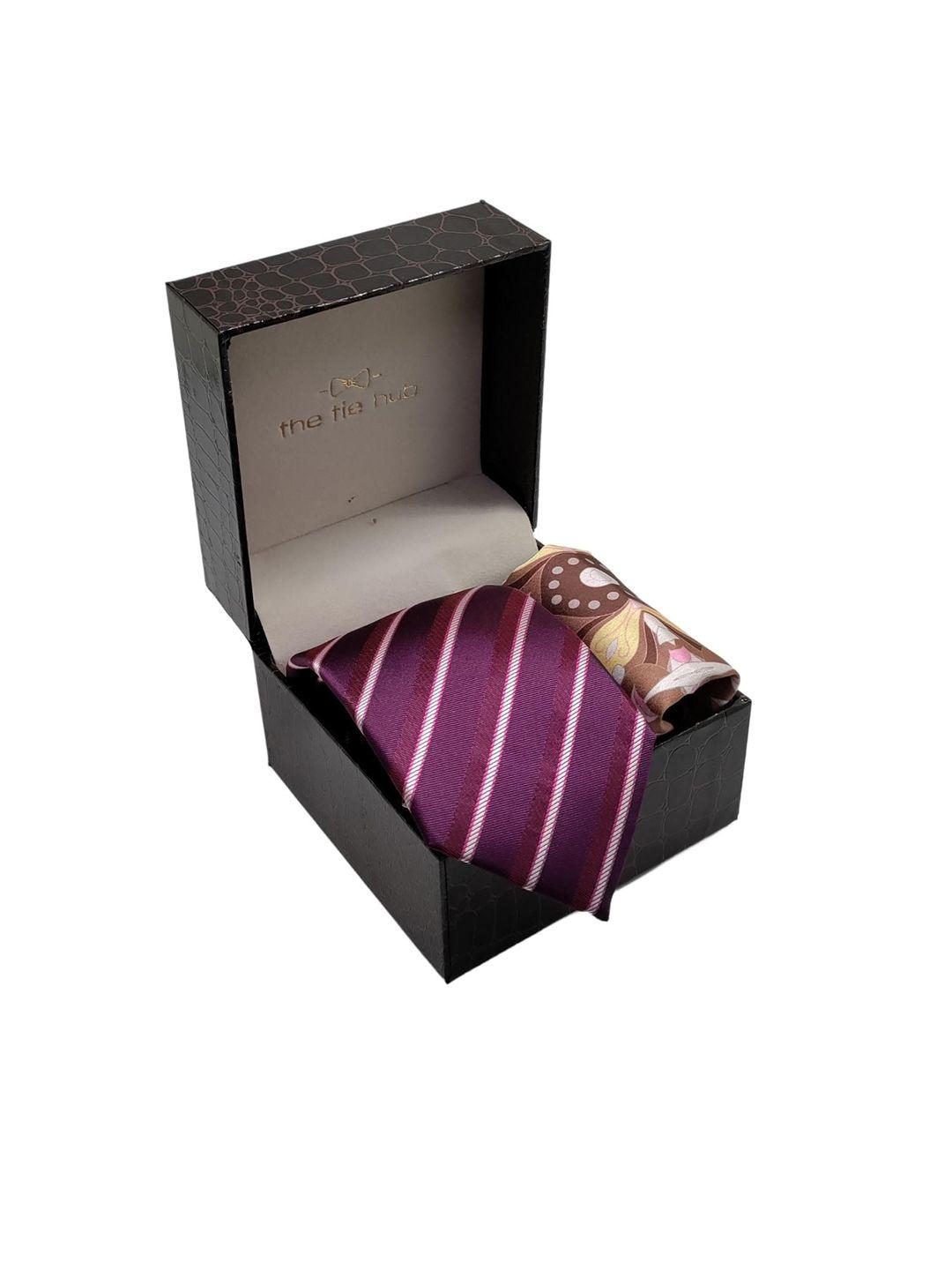 the tie hub men wine red & white printed accessory gift set