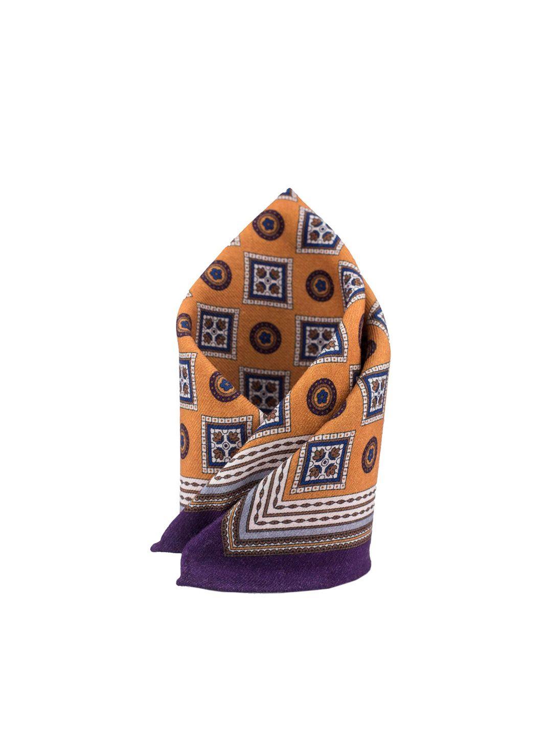 the tie hub men yellow & purple geometric printed pure wool pocket square