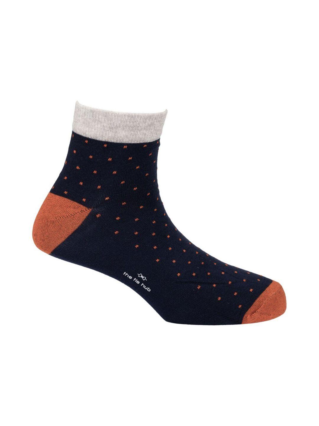 the tie hub navy blue & orange polka dot ankle length socks