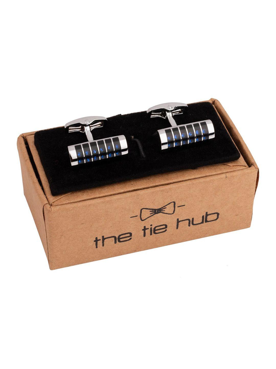 the tie hub rhodium-plated striped brass rectangular cufflink